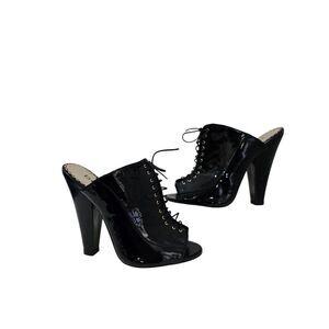 Bebe Tropez Black Patent Lace-Up Mules | Cone Heels Size 6M Leather Sole Sexy